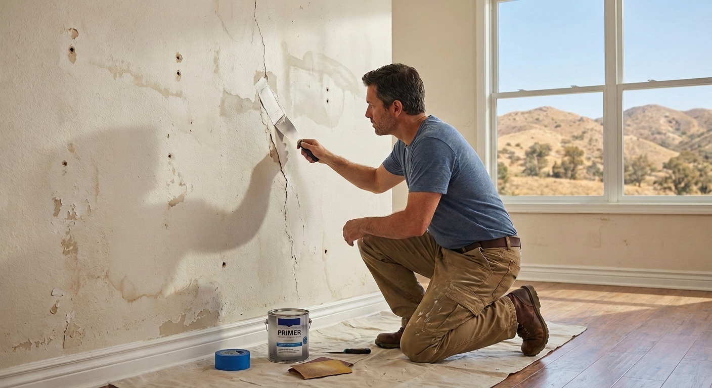 Painting over damaged walls in a Riverside home after proper repair and preparation