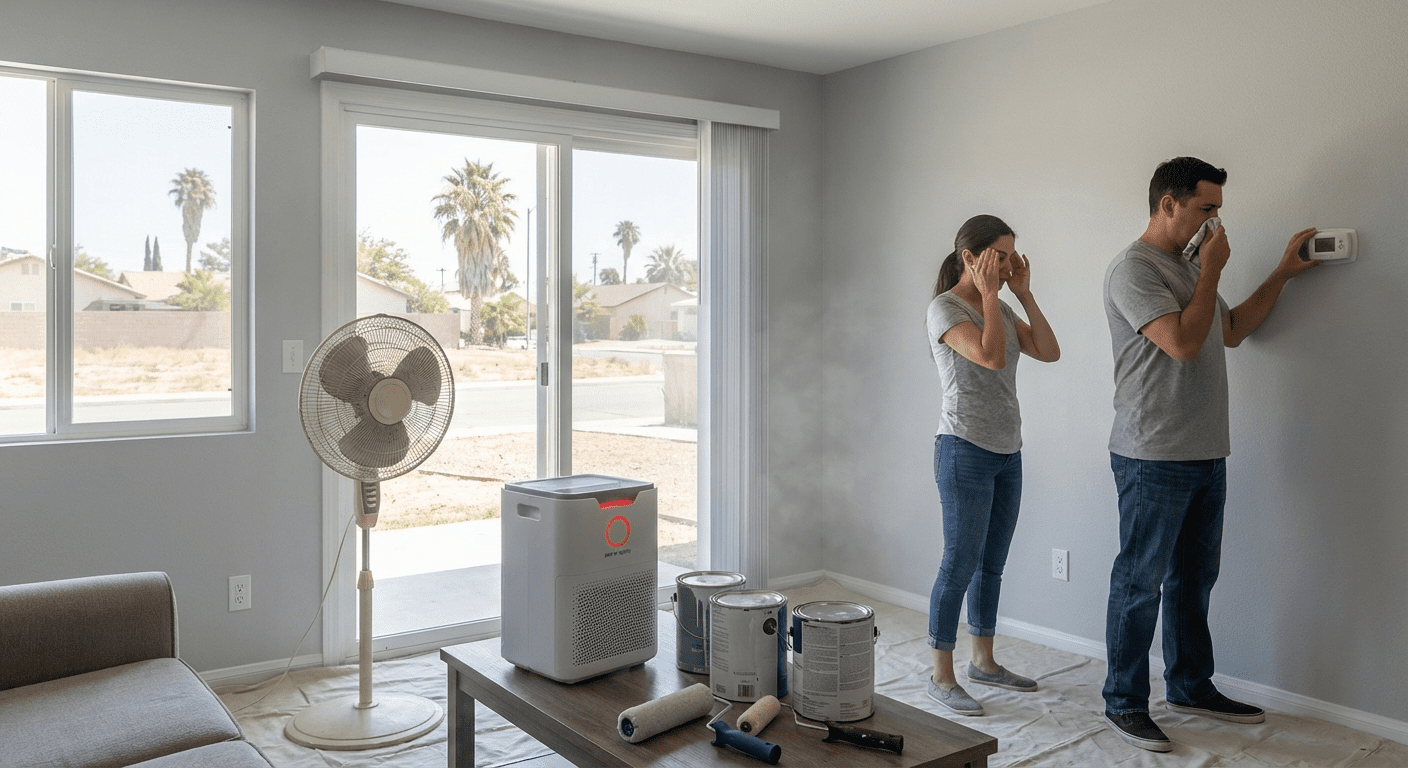 Paint fumes lingering in a Riverside home interior with open windows for ventilation
