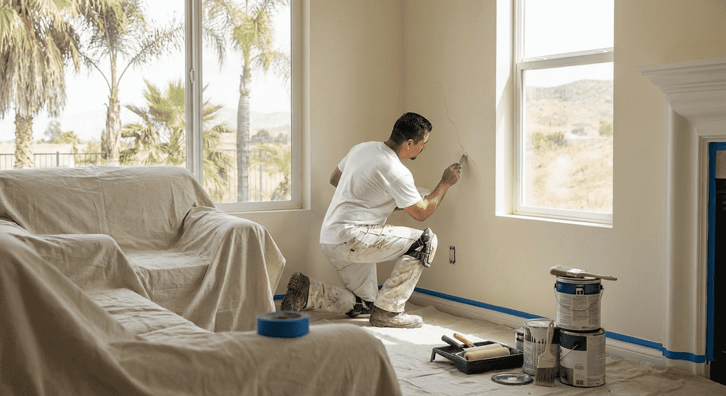 Interior painting supplies and preparation for Riverside home